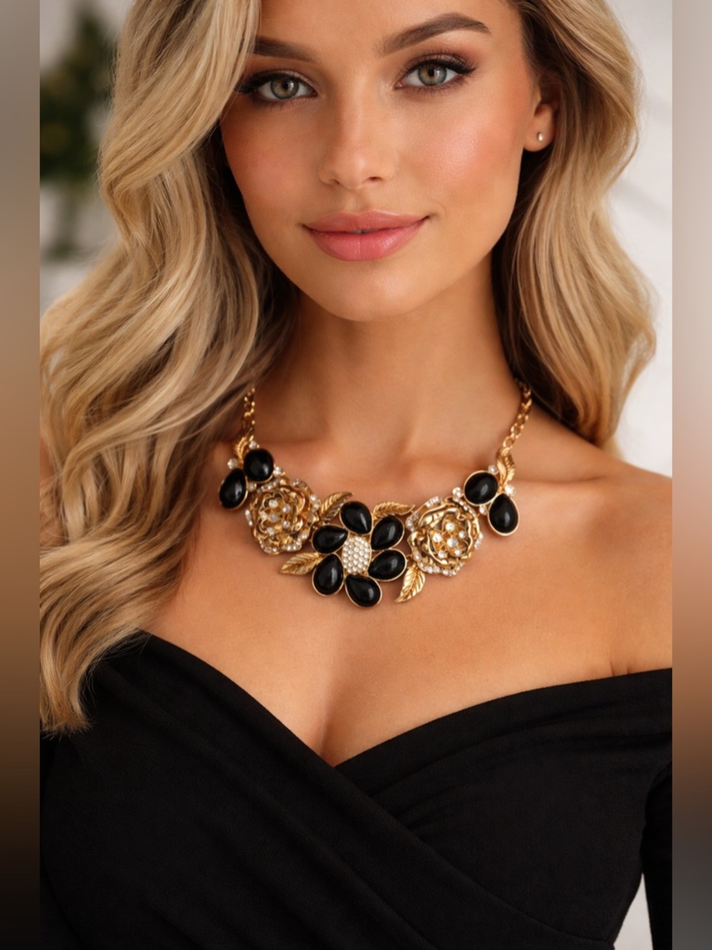 Vintage Gold Tone Black Enamel Floral Statement Necklace Rhinestone Chunky Bold